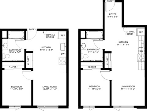 Floor plan for 1 bed, 1 bath